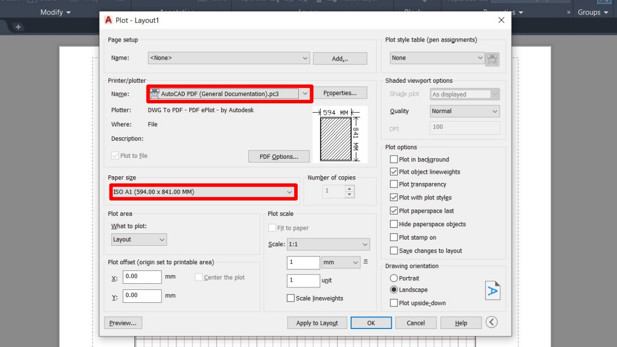 Cách chọn khổ giấy A1 trong AutoCad