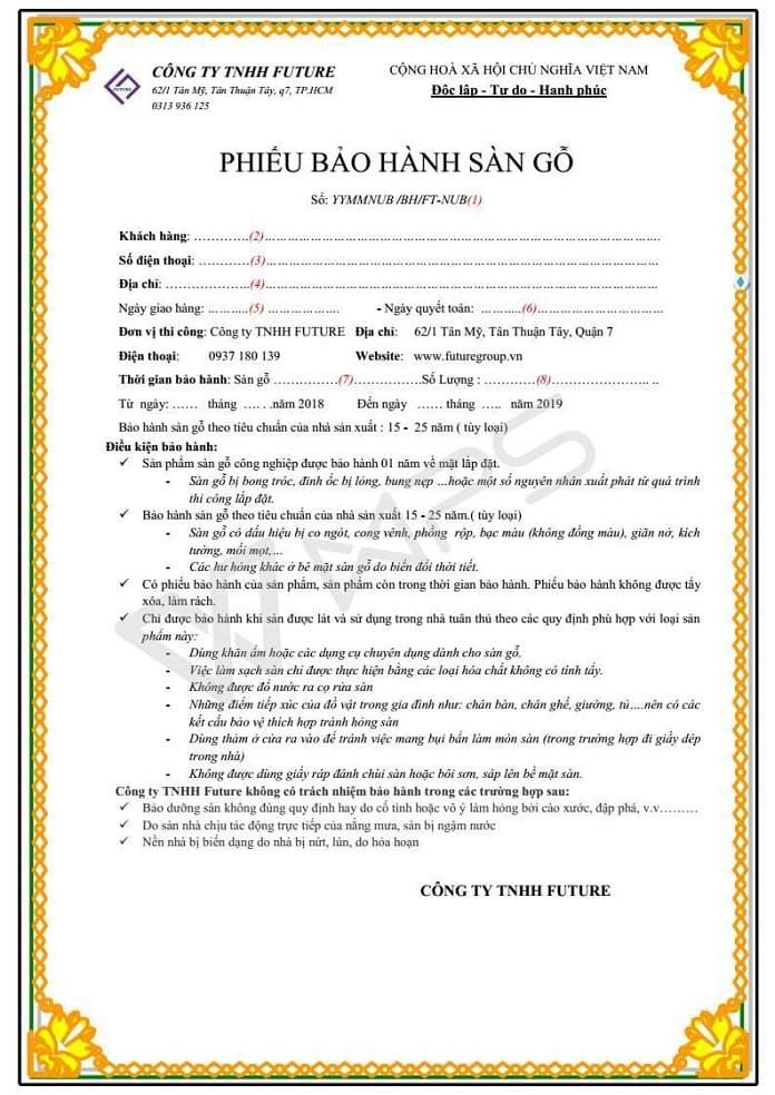 Phiếu bảo hành sàn gỗ dạng giấy truyền thống phiếu bảo hành dạng giấy truyền thống