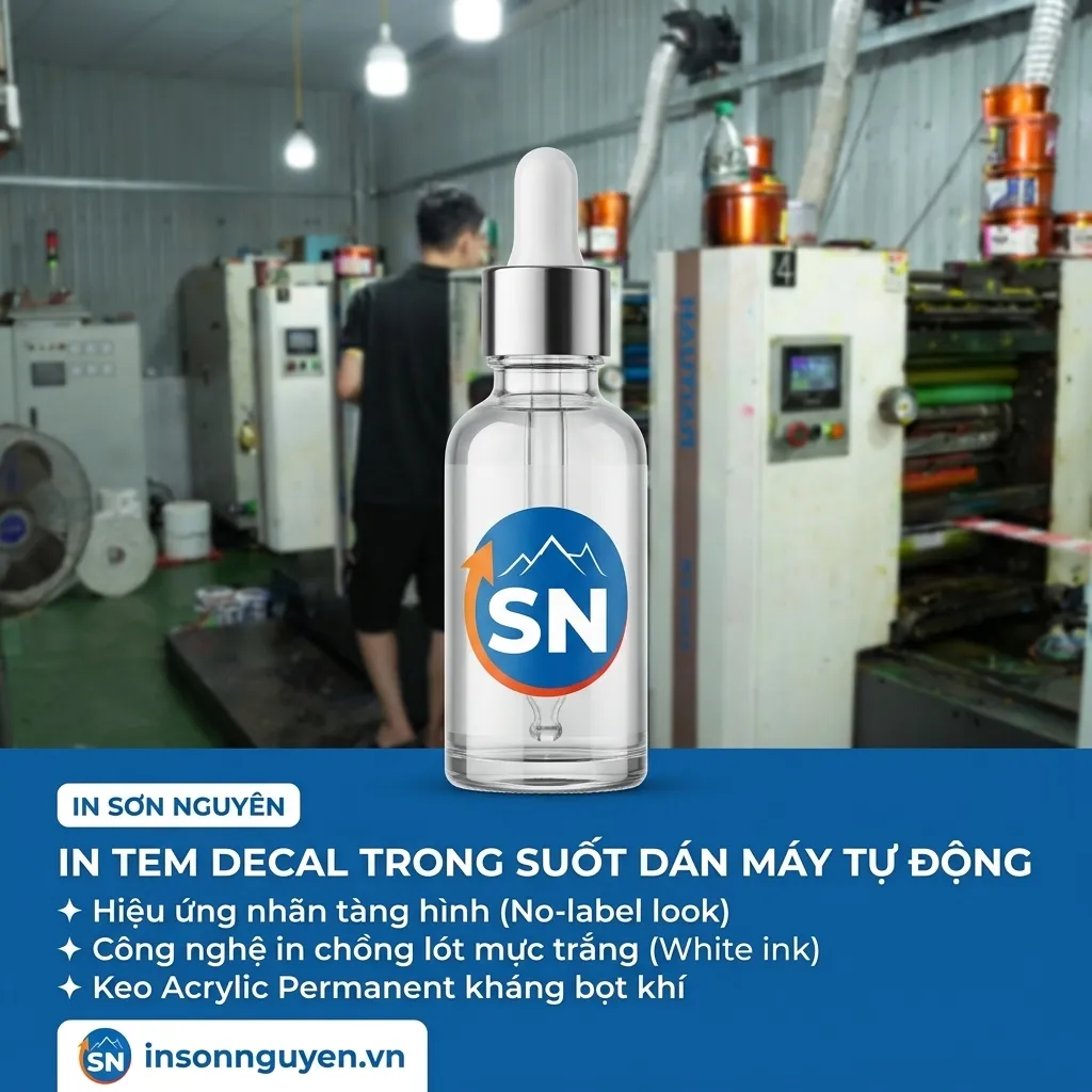 In tem decal trong suốt dán máy tự động