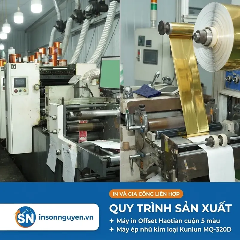 quy trình in offset cuộn và ép nhũ liên hợp