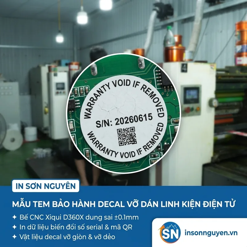 Mẫu tem bảo hành decal vỡ giòn hình tròn dán linh kiện