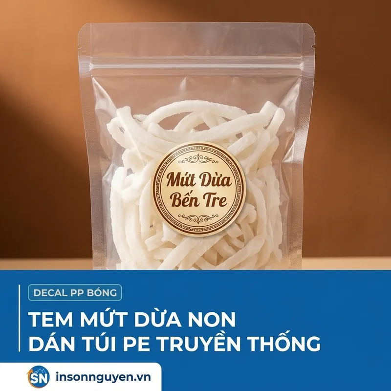 Tem mứt dừa non dán túi PE zipper