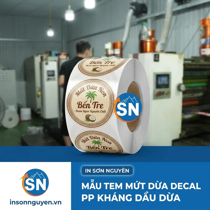 Mẫu tem mứt dừa decal PP kháng dầu dừa