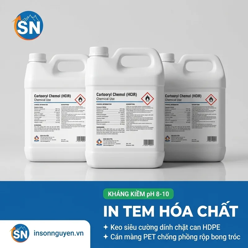 Tem nhãn hóa chất in sắc nét kháng nước kháng dầu nhớt