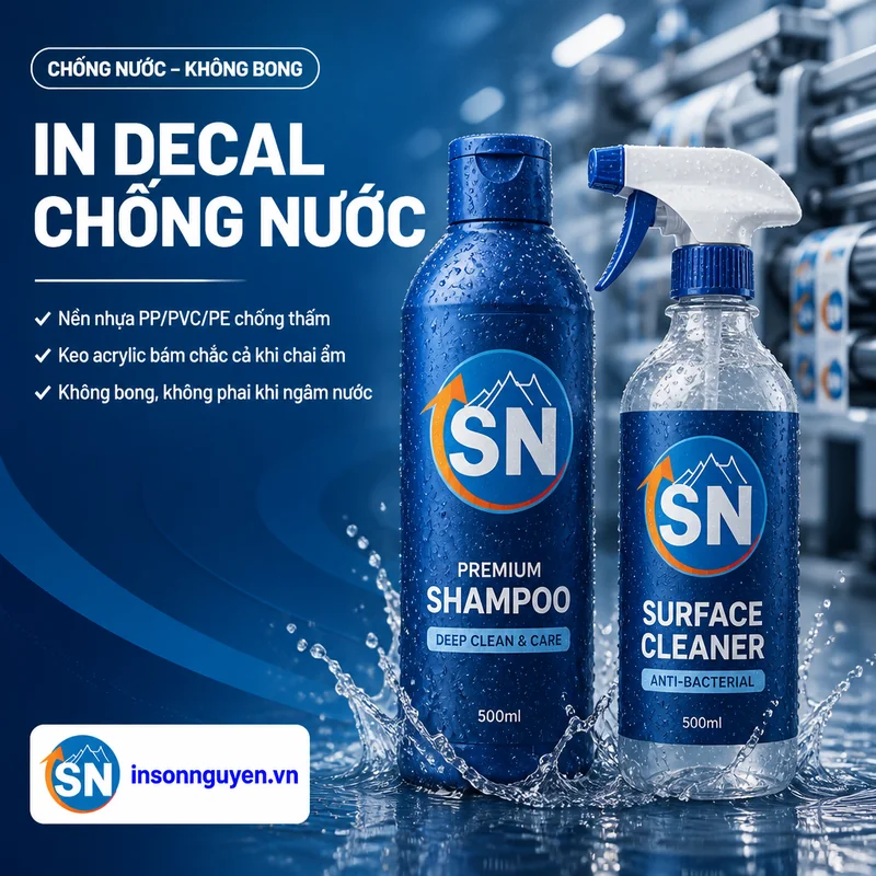 in decal chống nước PP PVC PE không bong không phai keo acrylic bám chai ẩm tại xưởng Sơn Nguyên