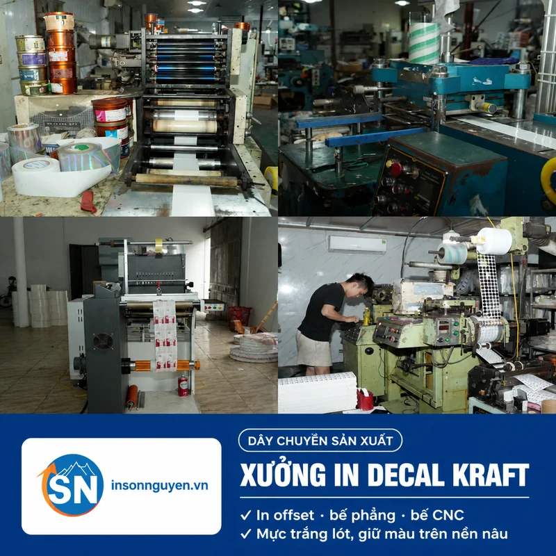 dây chuyền in decal giấy kraft máy in offset bế phẳng bế CNC tại xưởng in Sơn Nguyên