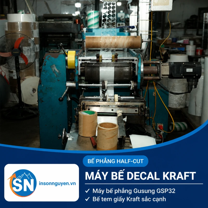 máy bế phẳng decal cuộn Gusung GSP32 bế tem giấy kraft sắc cạnh tại xưởng Sơn Nguyên
