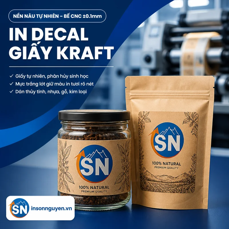 in decal giấy kraft nền nâu tự nhiên phân hủy sinh học mực trắng lót bế CNC tại xưởng Sơn Nguyên