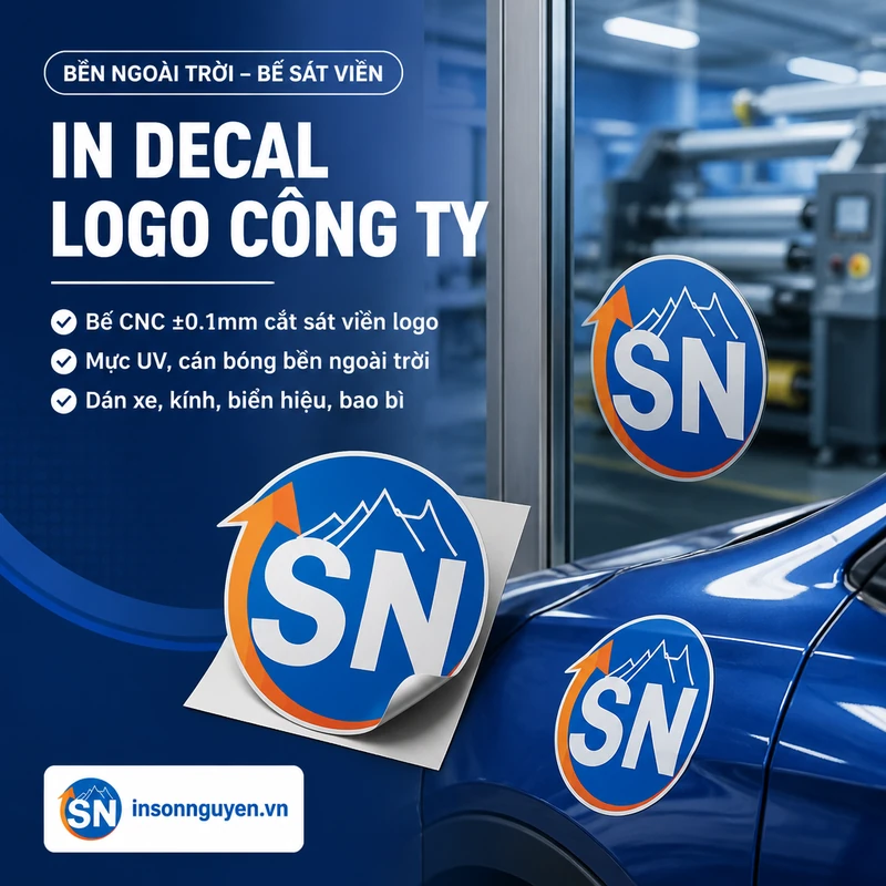 in decal logo công ty dán xe kính biển hiệu bền ngoài trời bế CNC sát viền mực UV tại xưởng Sơn Nguyên