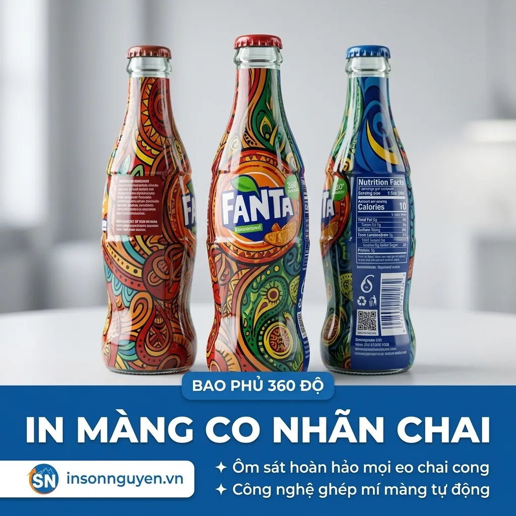 in màng co nhãn chai bao phủ 360 độ ghép mí tự động tại xưởng Sơn Nguyên