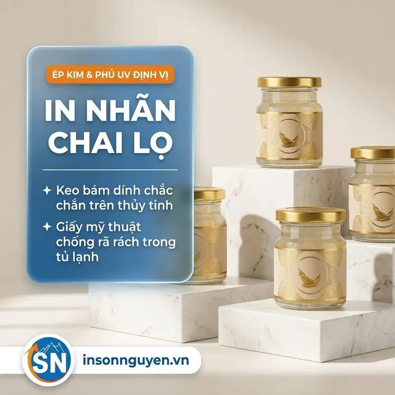 in nhãn chai lọ ép kim phủ UV định vị trên thủy tinh tại xưởng Sơn Nguyên