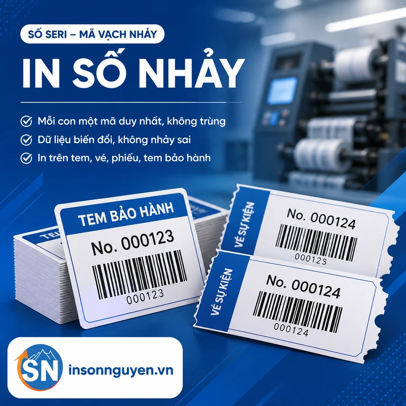 in số nhảy đóng số seri mã vạch nhảy trên tem vé phiếu mỗi mã duy nhất không trùng tại xưởng Sơn Nguyên