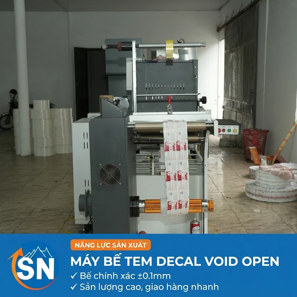 dây chuyền sản xuất tem void open niêm phong bảo mật tại xưởng in Sơn Nguyên