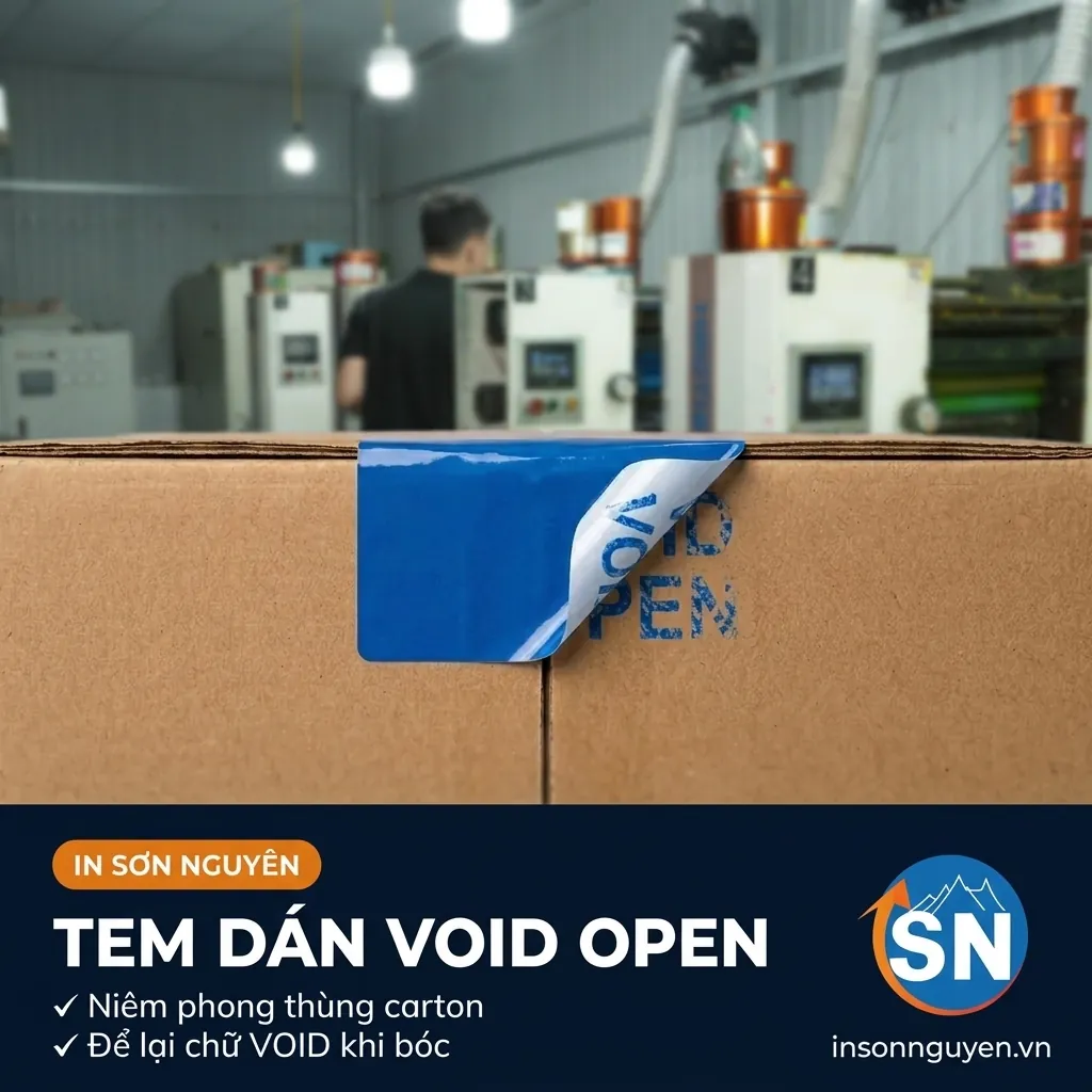 in tem dán void open niêm phong thùng carton để lại chữ void khi bóc tại xưởng Sơn Nguyên