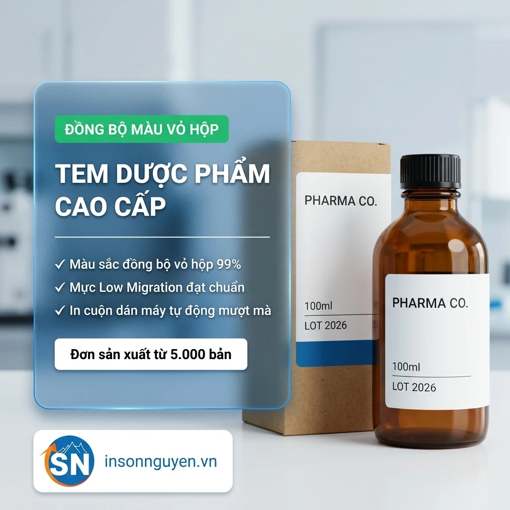 in tem nhãn dược phẩm cao cấp đồng bộ màu vỏ hộp mực low migration tại xưởng Sơn Nguyên