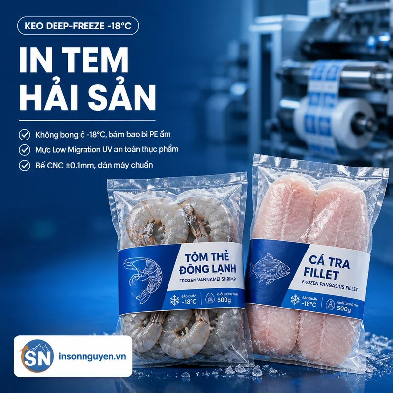 in tem hải sản chịu đông lạnh keo deep-freeze không bong -18 độ mực low migration UV tại xưởng Sơn Nguyên