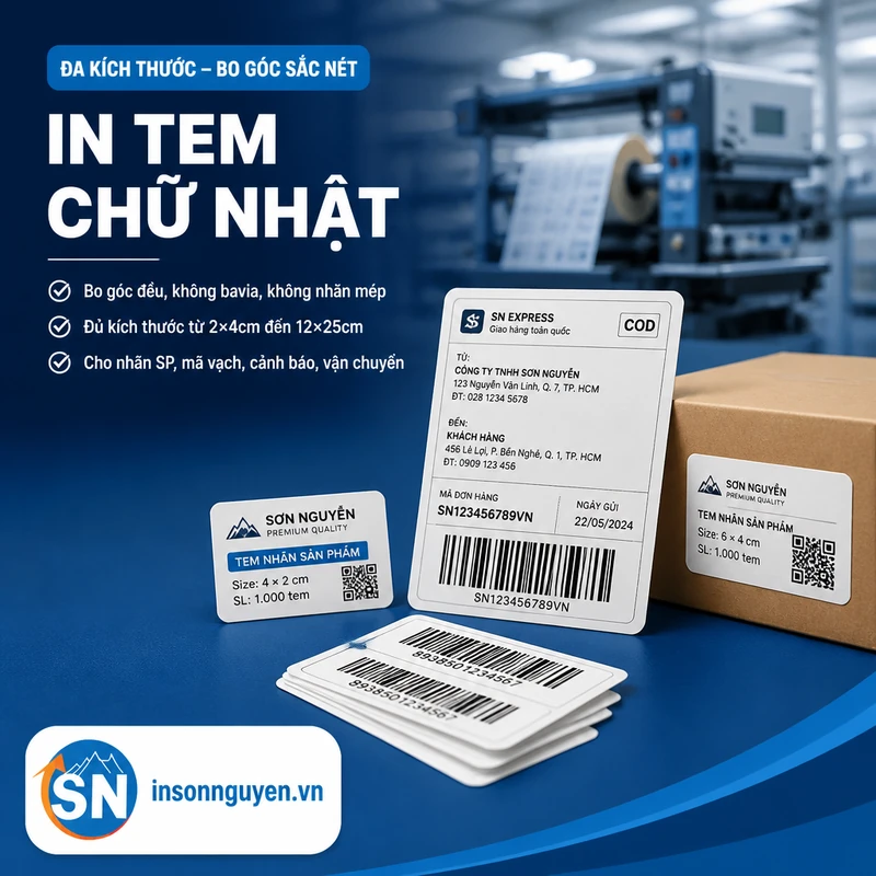 in tem hình chữ nhật đa kích thước bế bo góc sắc nét không nhăn mép tại xưởng Sơn Nguyên