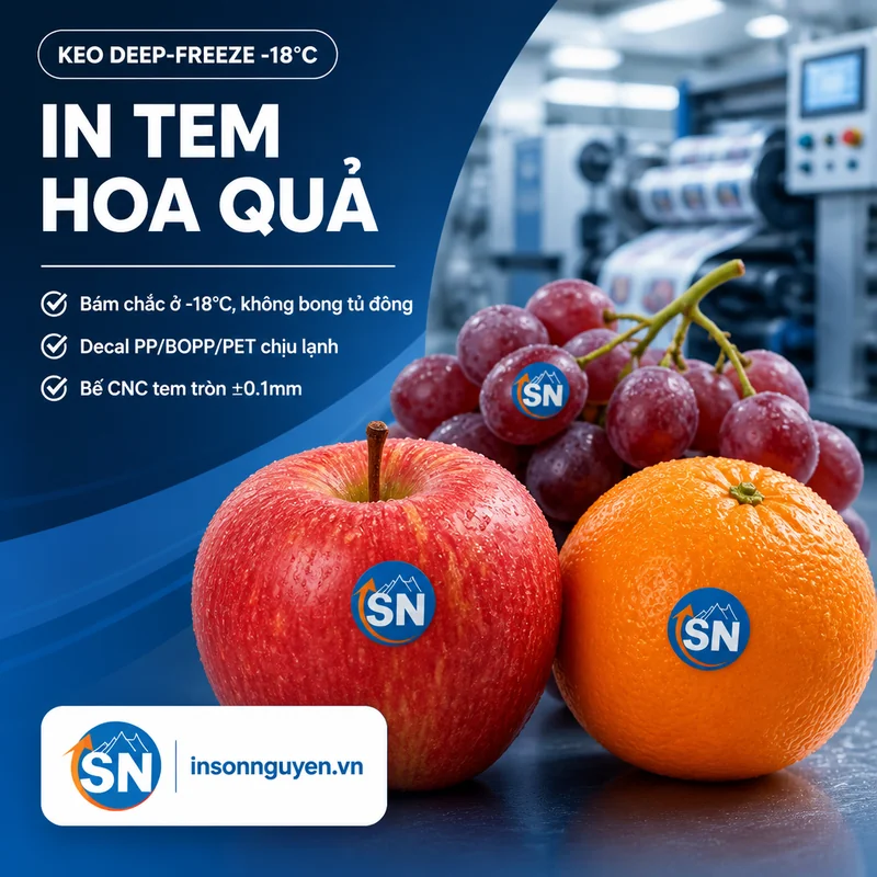 in tem hoa quả decal chịu lạnh keo deep-freeze -18 độ bám vỏ quả không bong tủ đông tại xưởng Sơn Nguyên