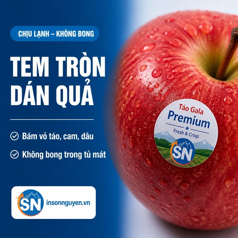 cận cảnh tem tròn dán trái cây bám vỏ táo cam dâu chịu lạnh không bong trong tủ mát