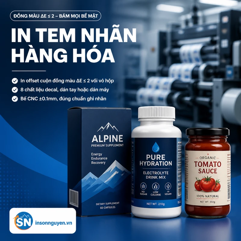 in tem nhãn hàng hóa in offset cuộn đồng màu ΔE nhỏ hơn 2 với vỏ hộp bám mọi bề mặt tại xưởng Sơn Nguyên