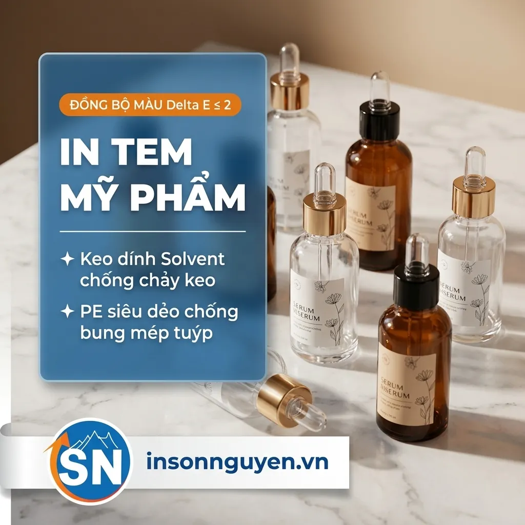 in tem nhãn mỹ phẩm serum keo solvent chống bung mép tại xưởng Sơn Nguyên