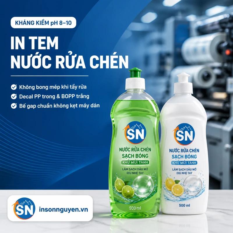 in tem nước rửa chén decal PP trong suốt kháng kiềm không bong mép tại xưởng Sơn Nguyên