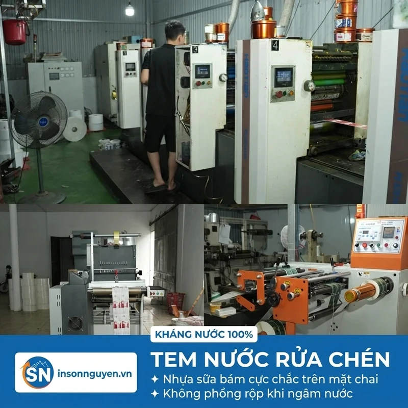 dây chuyền máy in offset và bế cuộn sản xuất tem nước rửa chén tại xưởng Sơn Nguyên