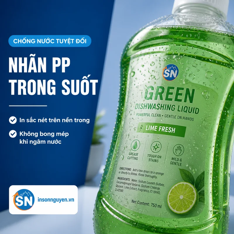 cận cảnh tem nhãn nước rửa chén in sắc nét trên decal PP trong suốt chống nước