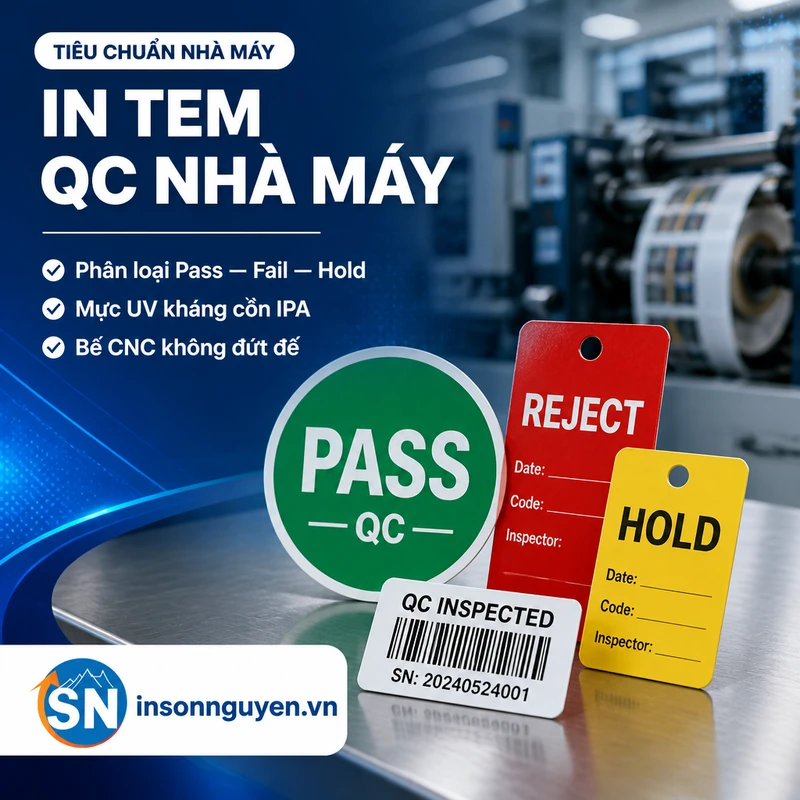 in tem QC nhà máy phân loại Pass Fail Hold mực UV kháng cồn tại xưởng Sơn Nguyên