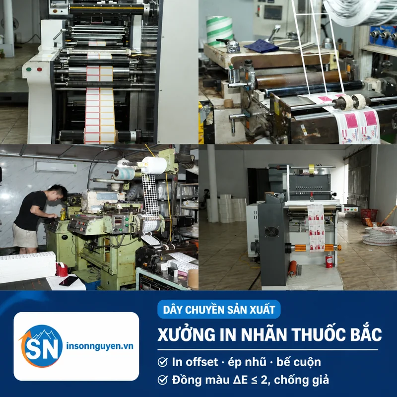 dây chuyền in nhãn thuốc bắc máy in offset ép nhũ letterpress bế cuộn tại xưởng in Sơn Nguyên