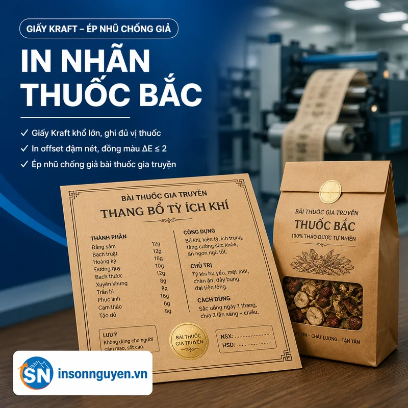 in nhãn thuốc bắc giấy Kraft khổ lớn ghi đủ vị in offset đồng màu ép nhũ chống giả tại xưởng Sơn Nguyên