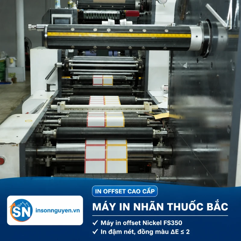 máy in offset cuộn Nickel FS350 in nhãn thuốc bắc đậm nét đồng màu ΔE nhỏ hơn 2 tại xưởng Sơn Nguyên