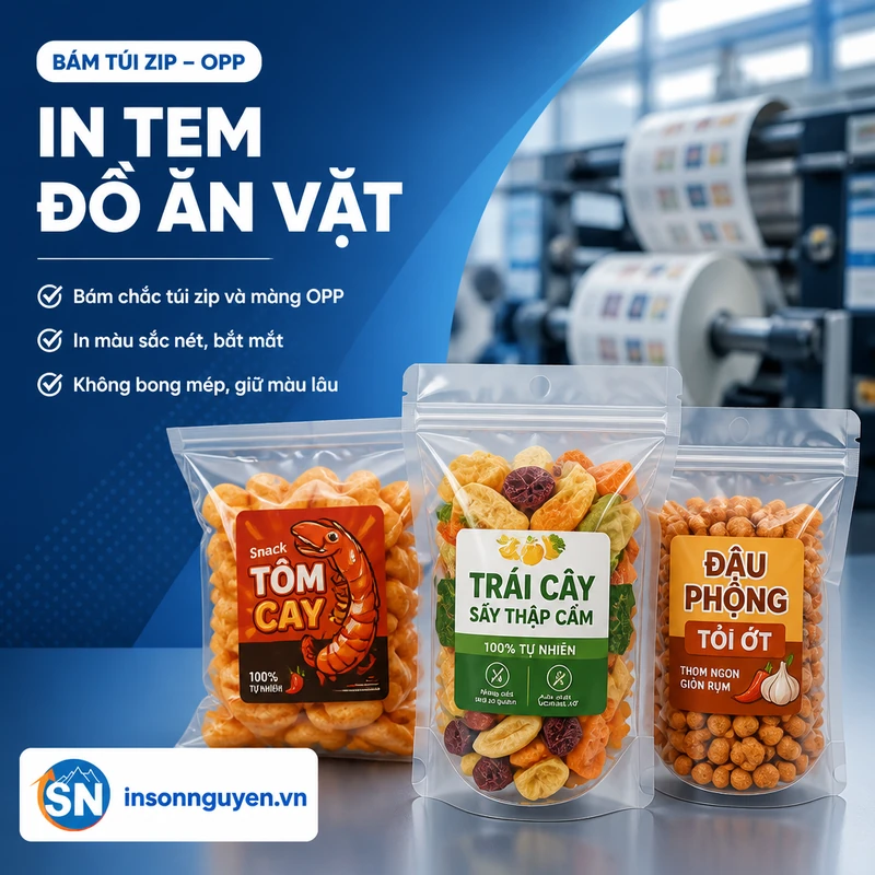 in tem nhãn đồ ăn vặt bám chắc túi zip màng OPP in màu sắc nét không bong mép tại xưởng Sơn Nguyên