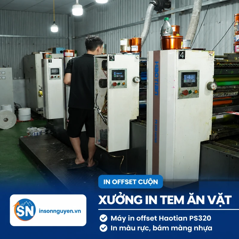 máy in offset cuộn Haotian PS320 sản xuất tem nhãn đồ ăn vặt tại xưởng Sơn Nguyên