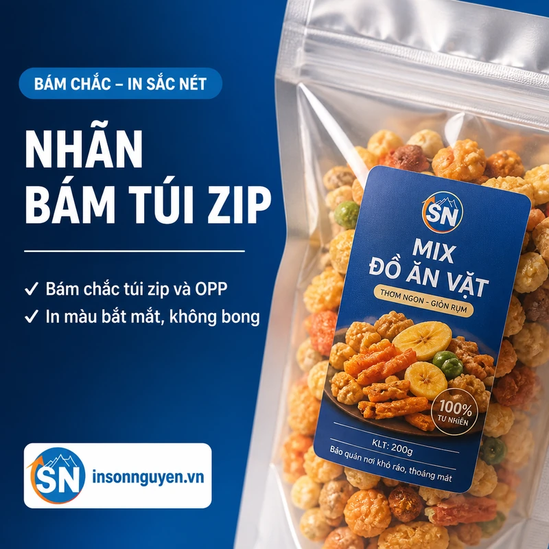 cận cảnh nhãn đồ ăn vặt in màu bắt mắt bám chắc túi zip và màng OPP không bong