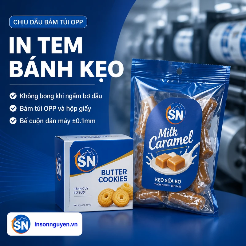 in tem bánh kẹo decal chịu dầu bám túi OPP không bong mép tại xưởng Sơn Nguyên