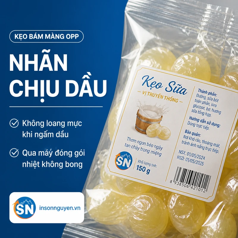 cận cảnh tem nhãn bánh kẹo in sắc nét trên decal chịu dầu bám túi OPP