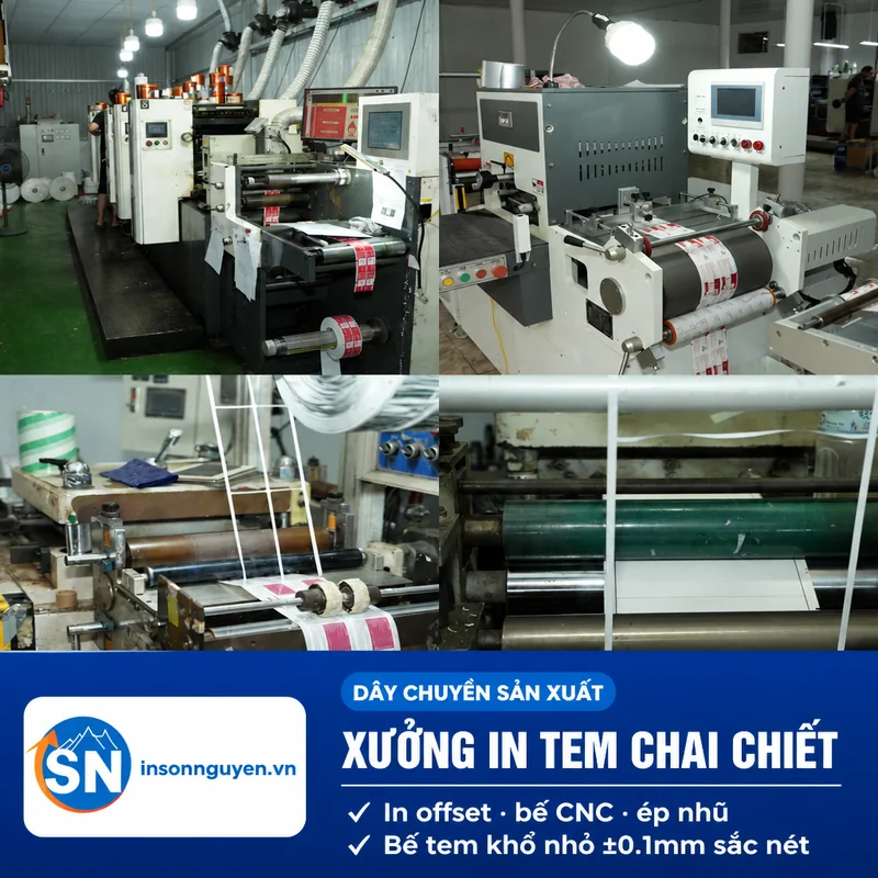 dây chuyền in tem nước hoa chiết máy in offset bế CNC ép nhũ tại xưởng in Sơn Nguyên