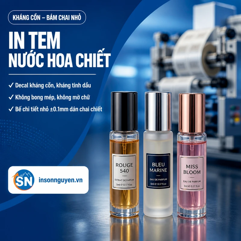 in tem dán nước hoa chiết decal kháng cồn tinh dầu bám chai thủy tinh nhỏ bế chi tiết nhỏ tại xưởng Sơn Nguyên