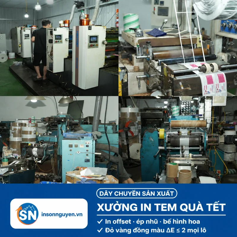 dây chuyền in tem quà tết máy in offset ép nhũ bế hình hoa tại xưởng in Sơn Nguyên