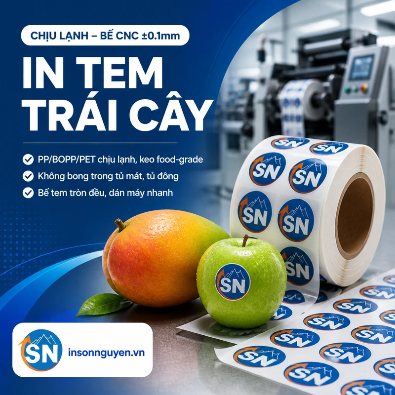 in tem dán trái cây decal PP BOPP PET chịu lạnh keo food-grade bế CNC tem tròn tại xưởng Sơn Nguyên