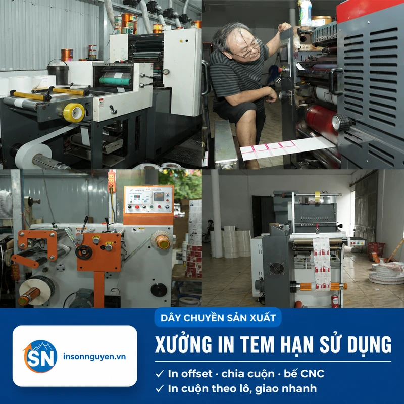 dây chuyền in tem date máy in offset chia cuộn bế CNC in cuộn theo lô tại xưởng in Sơn Nguyên