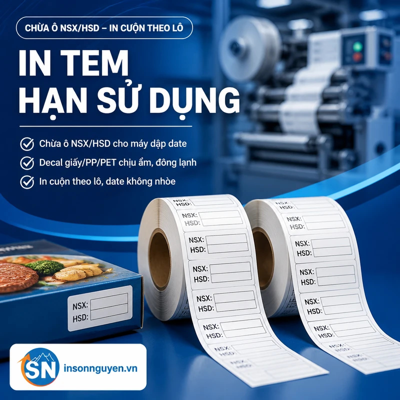 in tem hạn sử dụng tem date chừa ô NSX HSD cho máy dập in cuộn theo lô decal chịu ẩm tại xưởng Sơn Nguyên