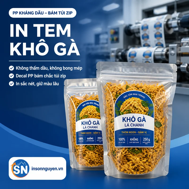 in tem nhãn khô gà lá chanh decal PP kháng dầu bám túi zip không bong mép tại xưởng Sơn Nguyên