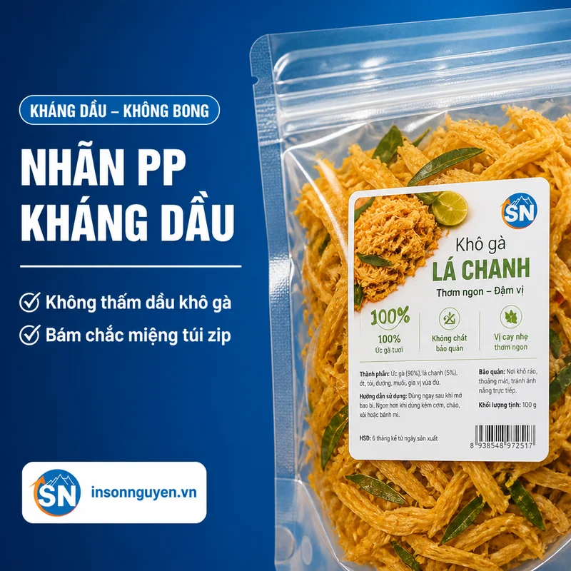 cận cảnh nhãn khô gà lá chanh in sắc nét trên decal PP kháng dầu bám chắc túi zip