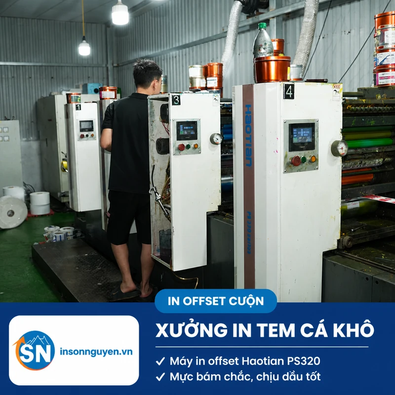 máy in offset cuộn Haotian PS320 sản xuất tem nhãn cá khô tại xưởng Sơn Nguyên