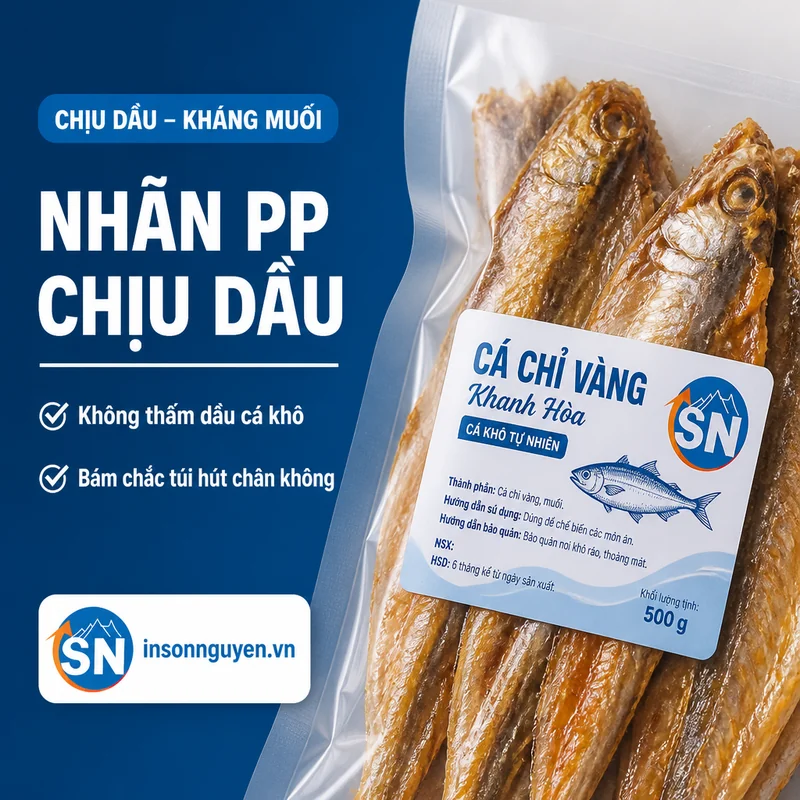 cận cảnh nhãn cá khô in sắc nét trên decal PP chịu dầu kháng muối bám túi hút chân không