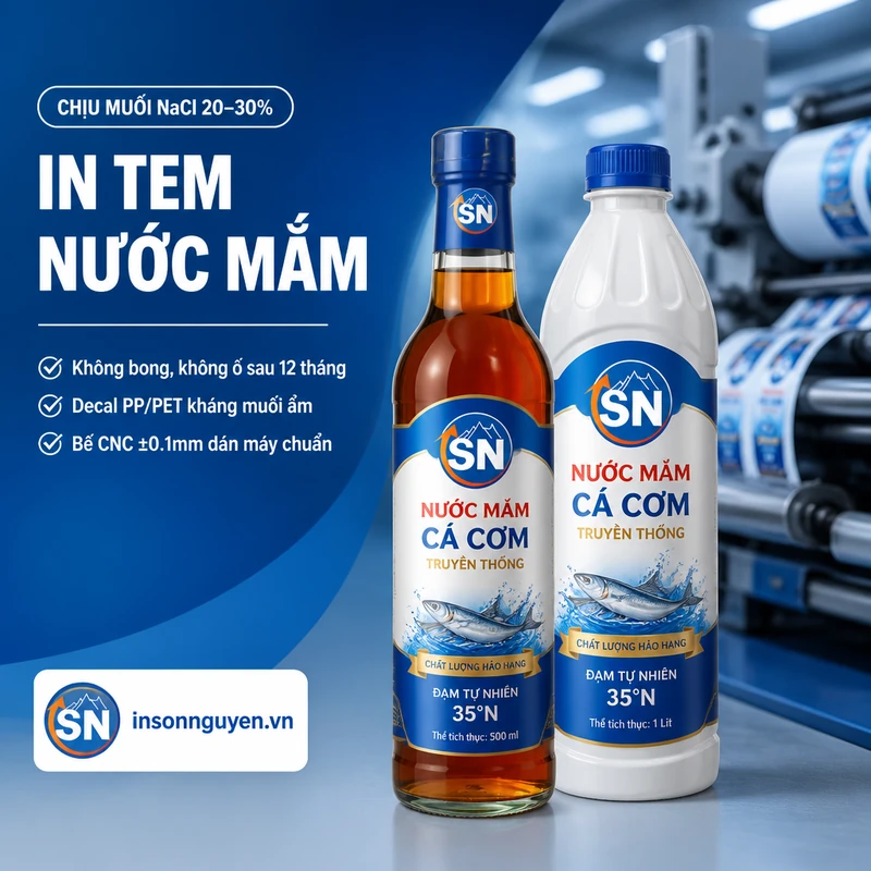 in tem nhãn nước mắm decal PP PET chịu muối không bong ố sau 12 tháng tại xưởng Sơn Nguyên