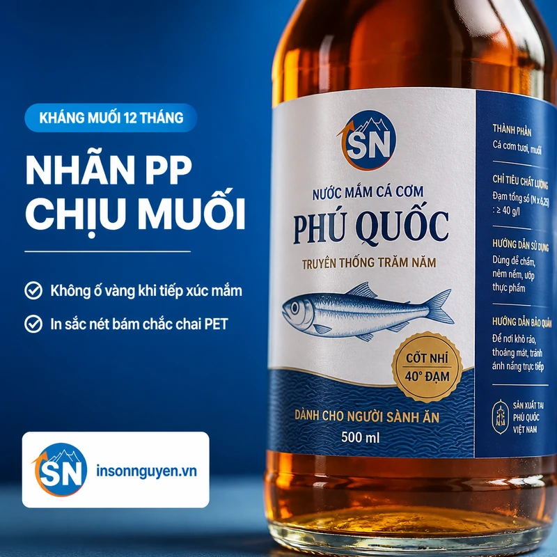 cận cảnh nhãn nước mắm in sắc nét trên decal PP PET chịu muối kháng ẩm không ố vàng