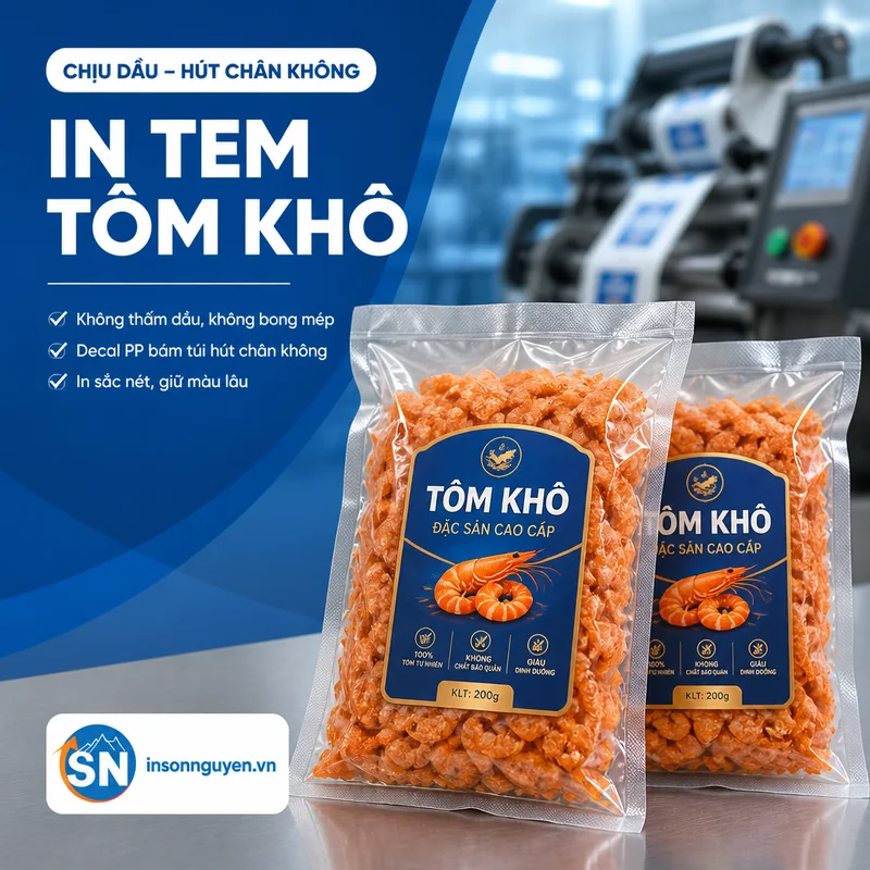 in tem nhãn tôm khô decal PP chịu dầu bám túi hút chân không không bong ố tại xưởng Sơn Nguyên